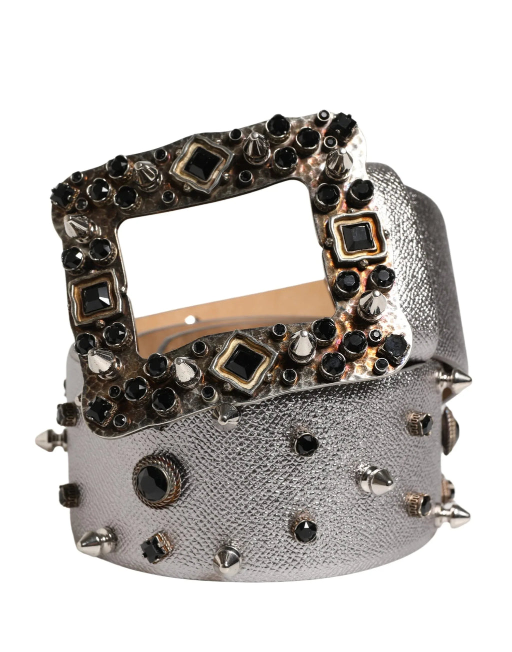 Dolce & Gabbana Silver Leather Crystal Metal Buckle Belt - Zeiniez