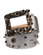 Dolce & Gabbana Silver Leather Crystal Metal Buckle Belt - Zeiniez