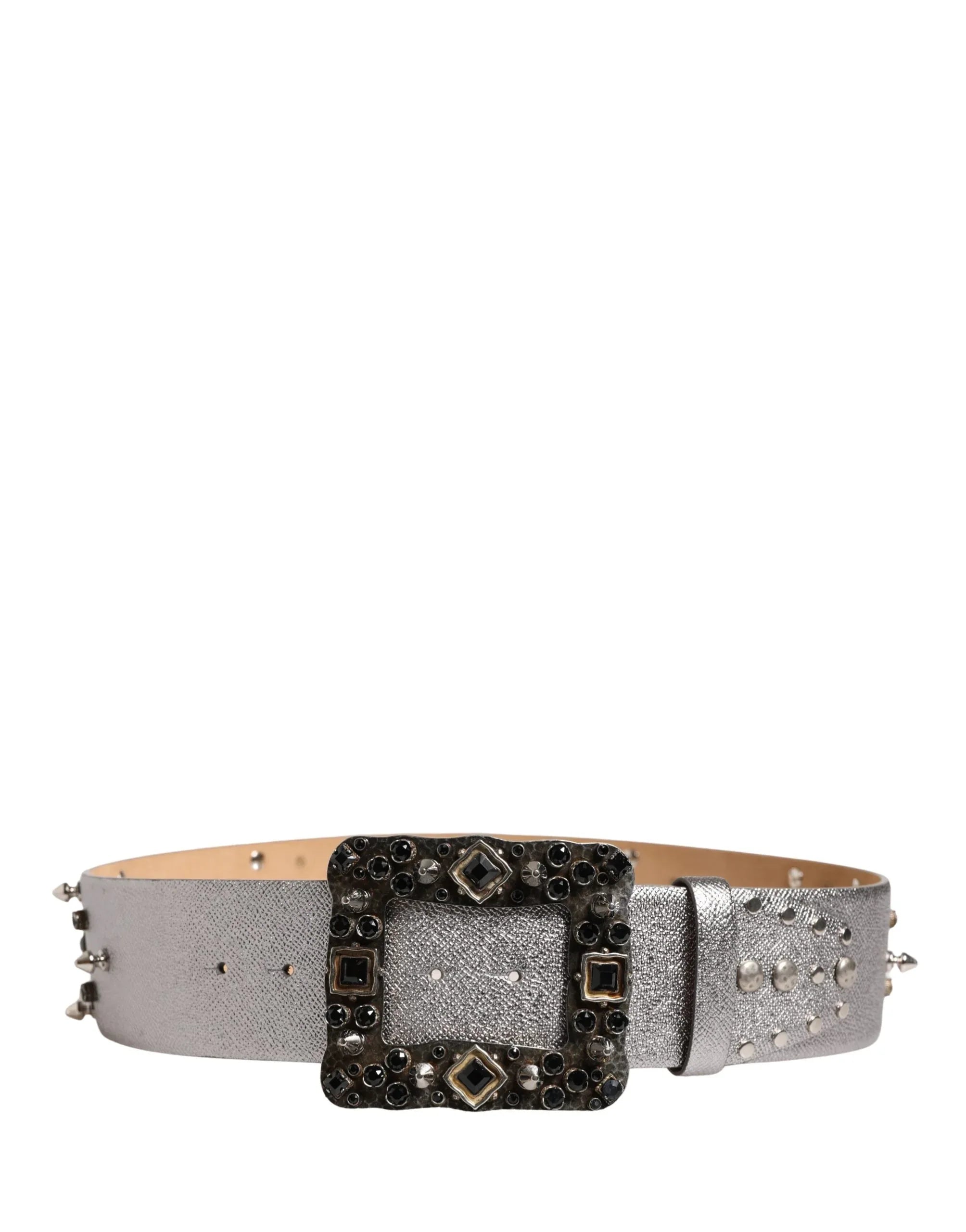 Dolce & Gabbana Silver Leather Crystal Metal Buckle Belt - Zeiniez