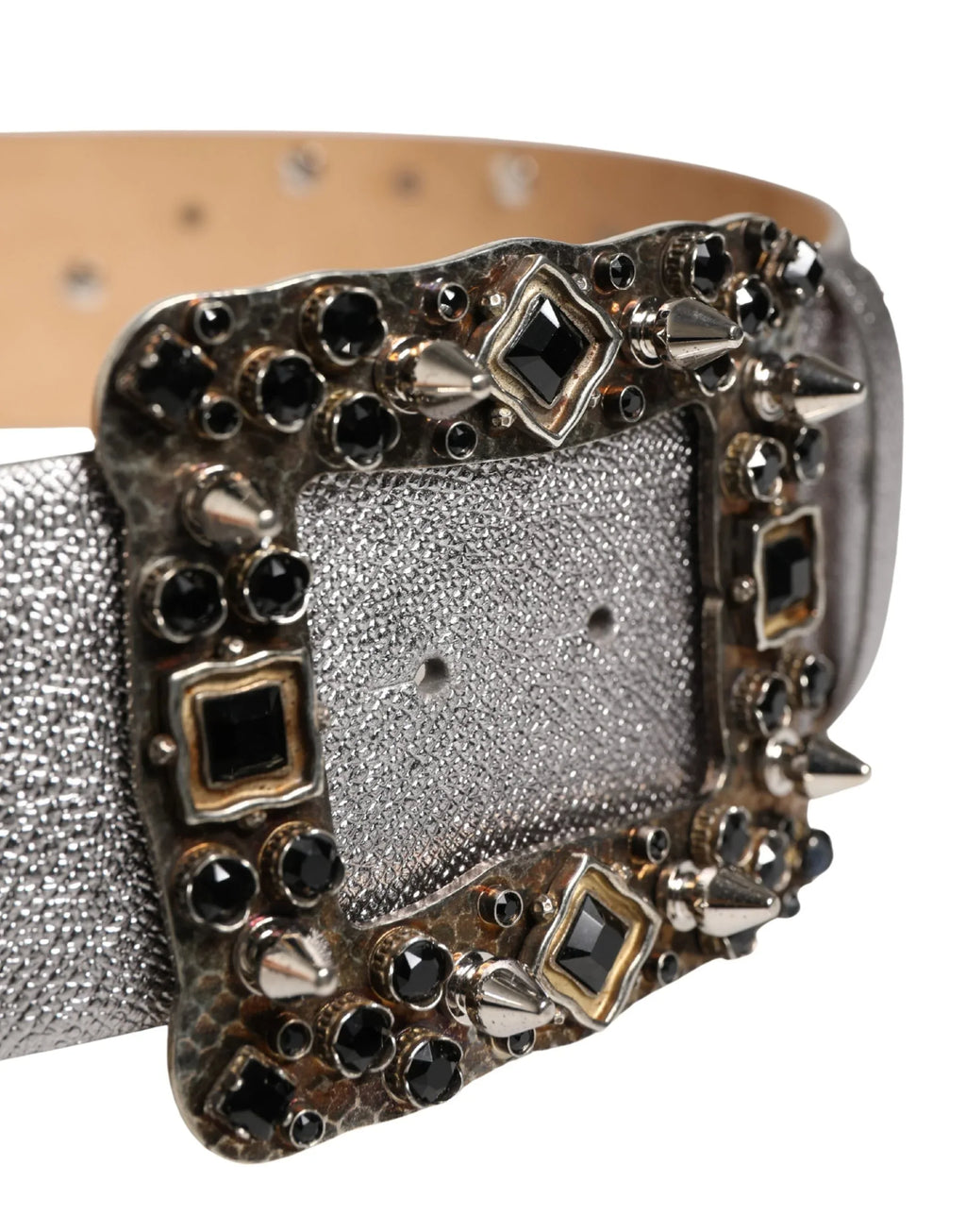 Dolce & Gabbana Silver Leather Crystal Metal Buckle Belt - Zeiniez