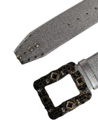 Dolce & Gabbana Silver Leather Crystal Metal Buckle Belt - Zeiniez