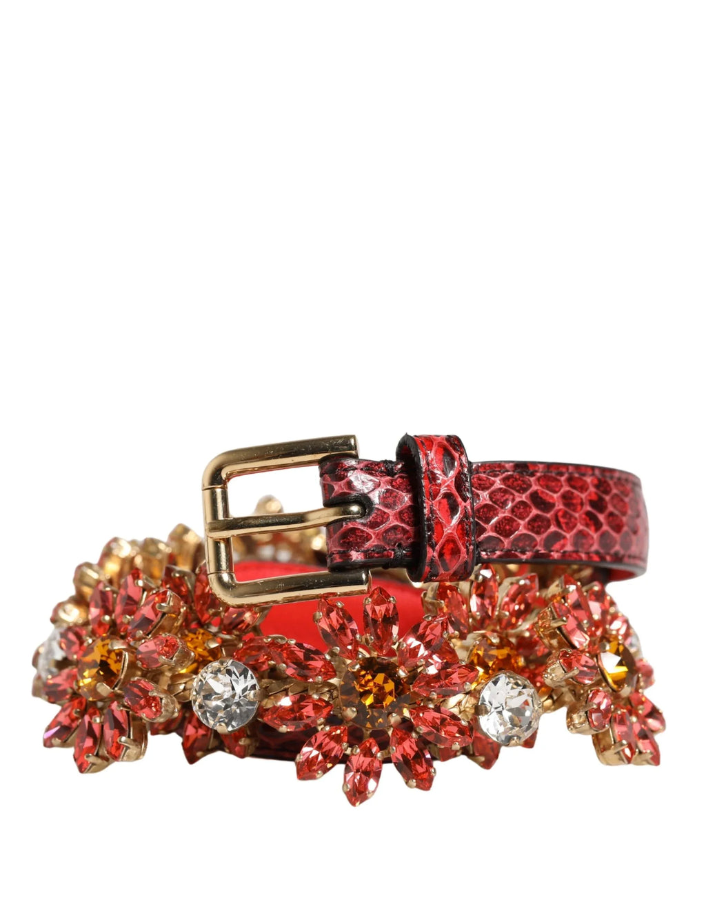 Dolce & Gabbana Red Leather Daisy Crystal Embellished Waist Belt - Zeiniez