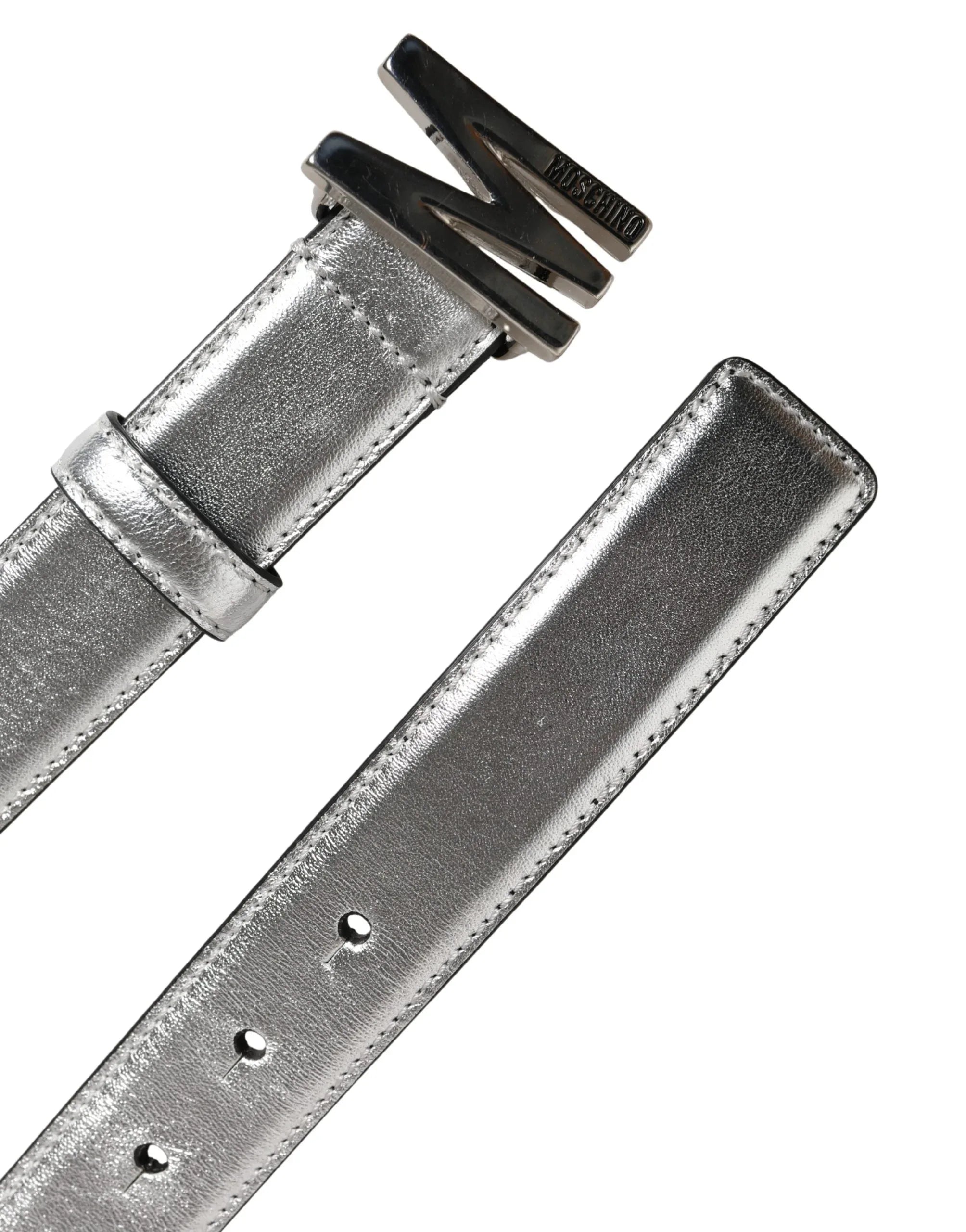 Moschino Couture Silver Leather Logo Metal Buckle Waist Belt - Zeiniez