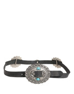 Cavalli Class Black Turquoise Leather Embellished Oval Buckle Belt - Zeiniez