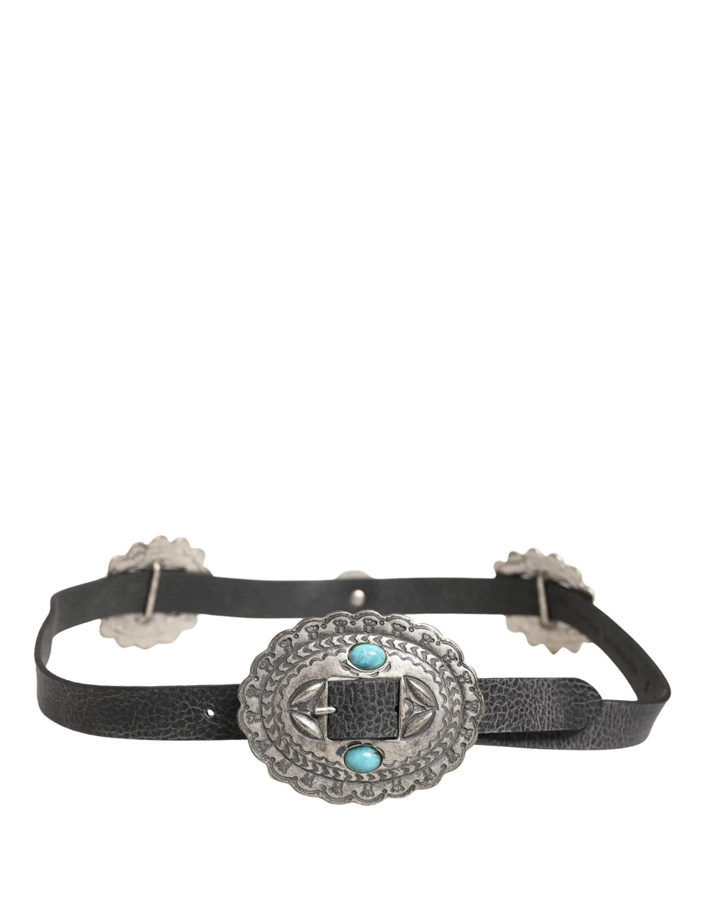Cavalli Class Black Turquoise Leather Embellished Oval Buckle Belt - Zeiniez