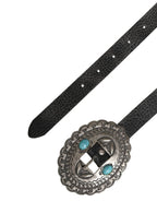 Cavalli Class Black Turquoise Leather Embellished Oval Buckle Belt - Zeiniez