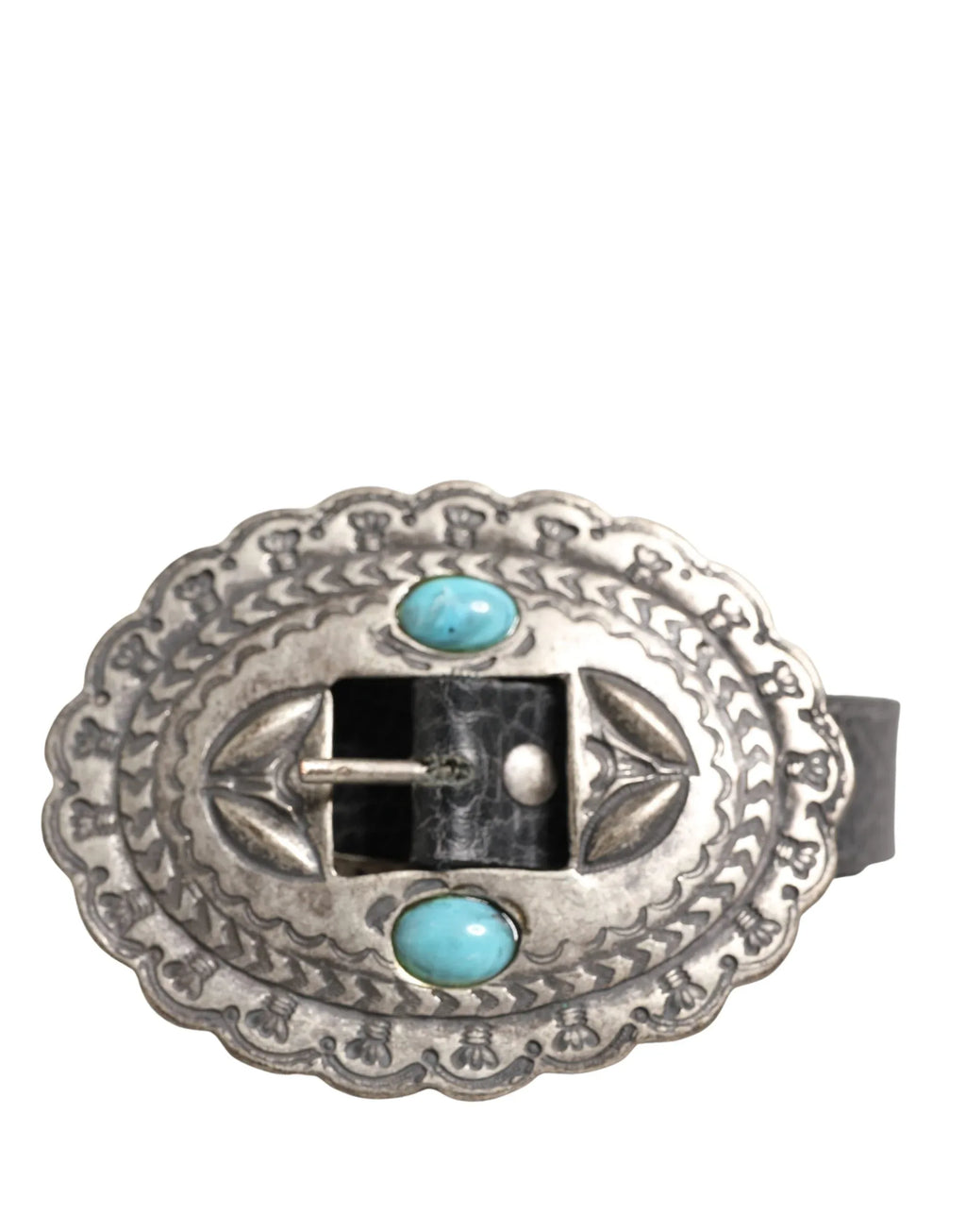Cavalli Class Black Turquoise Leather Embellished Oval Buckle Belt - Zeiniez
