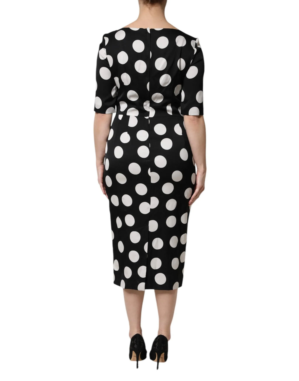 Dolce & Gabbana Black White Polka Dot Silk Sheath Midi Dress - Zeiniez