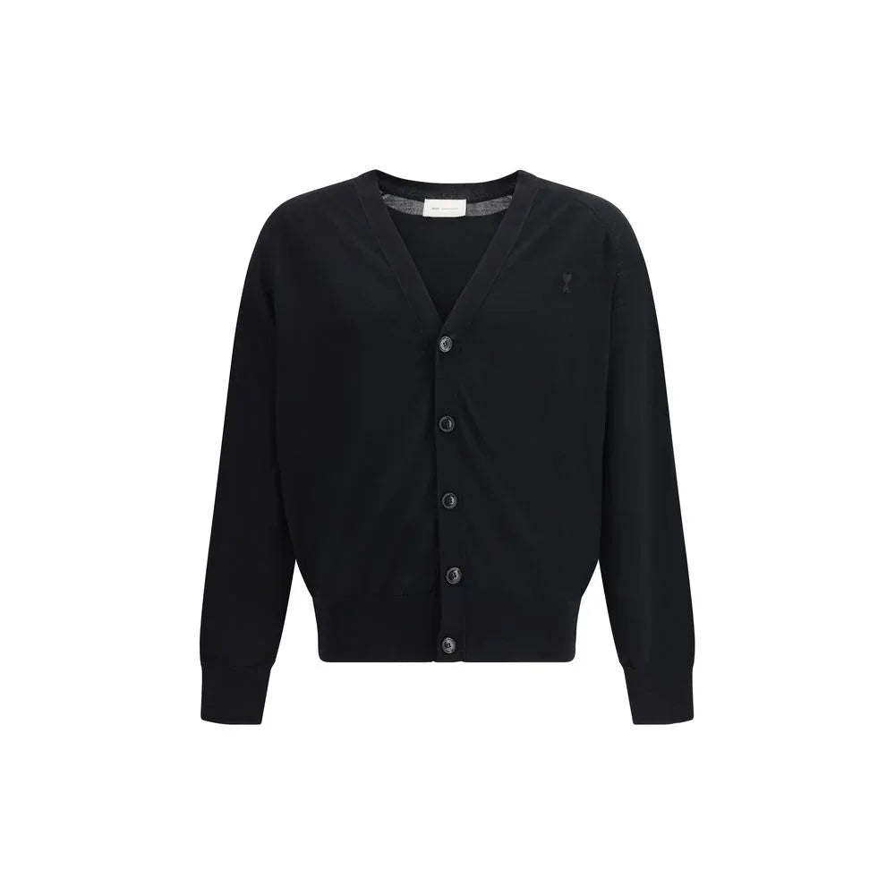 Ami Paris Black Merino Wool Cardigan - Zeiniez