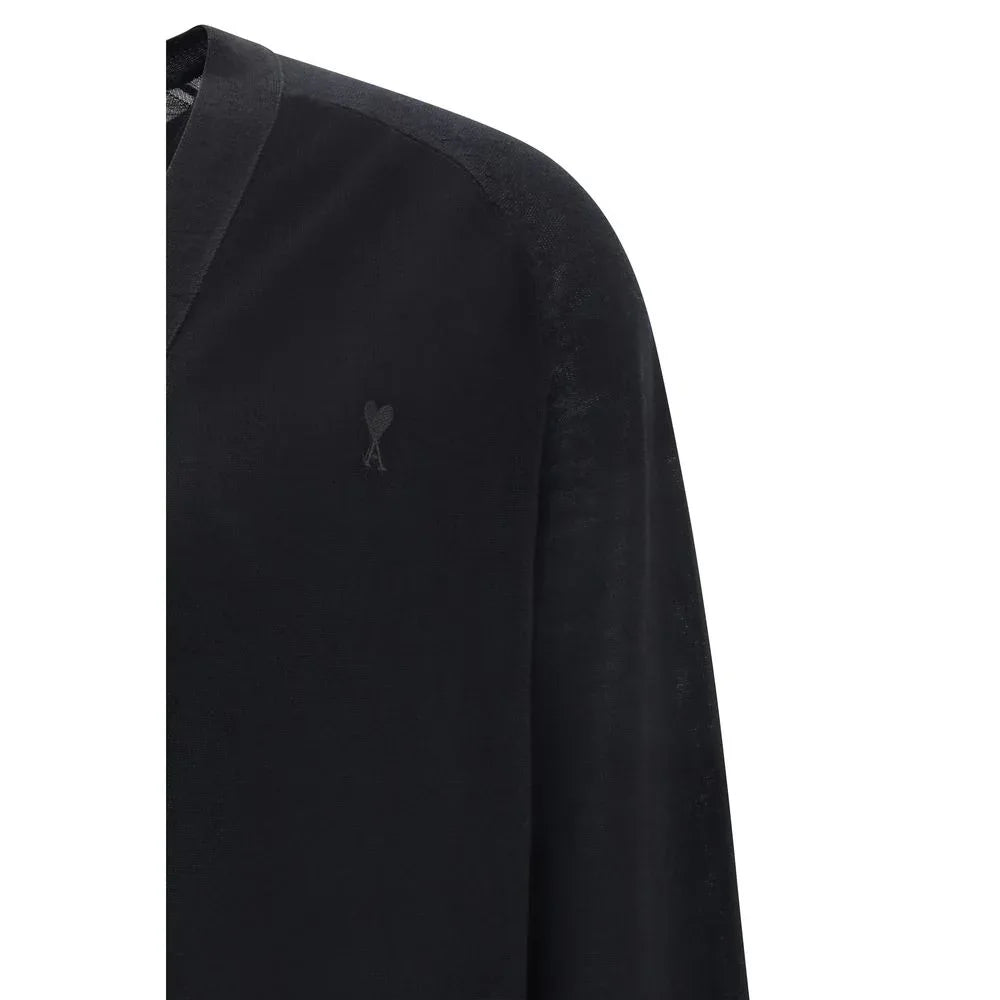 Ami Paris Black Merino Wool Cardigan - Zeiniez