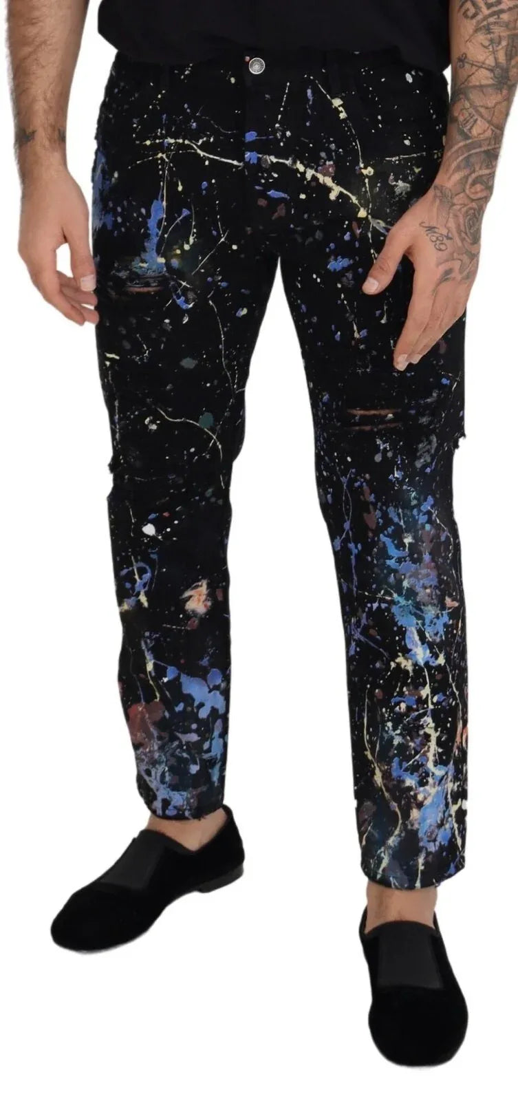 Dolce & Gabbana Black Cotton Color Splash Print Denim Jeans - Zeiniez