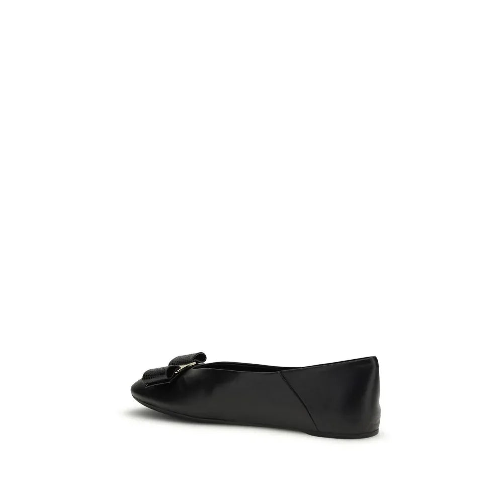 Ferragamo Black Calf Leather Bos Taurus Ballet Flats - Zeiniez