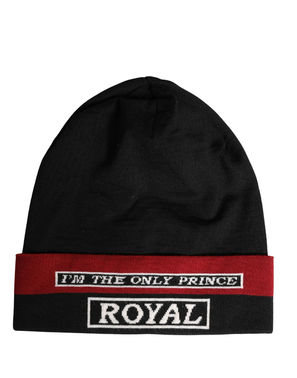 Dolce & Gabbana Black Cuffed "I'M THE ONLY PRINCE ROYAL" Beanie Hat - Zeiniez