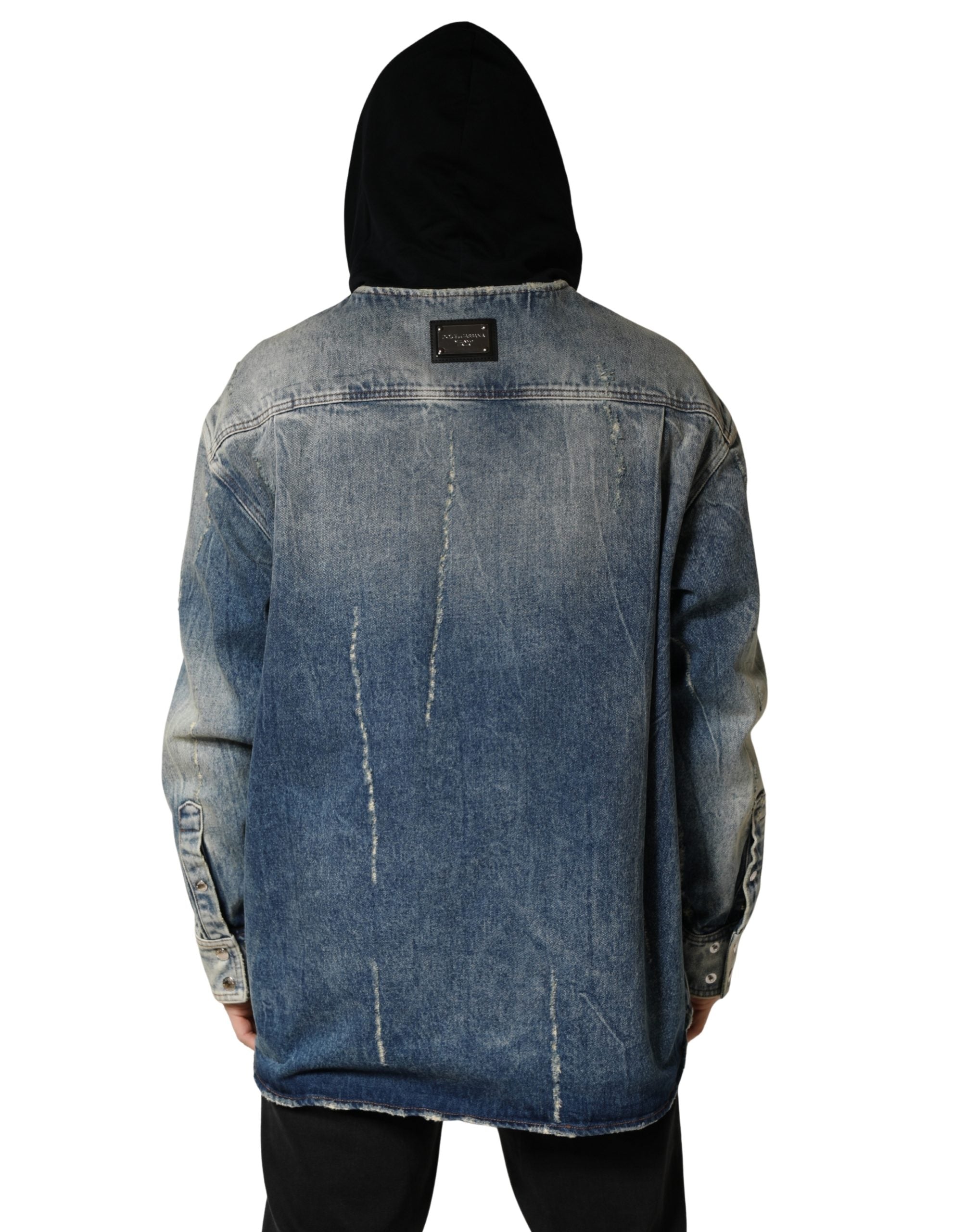 Dolce & Gabbana Blue Hooded Cotton Buttoned Denim Jacket