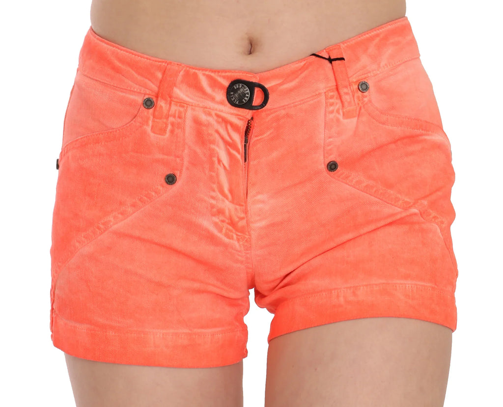 PLEIN SUD Orange Mid Waist Cotton Denim Mini Shorts - Zeiniez