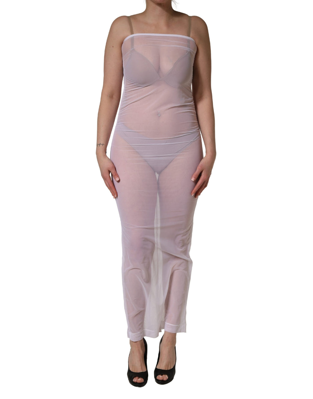 Dolce & Gabbana White Sheer Nylon Stretch Sheath Maxi Dress