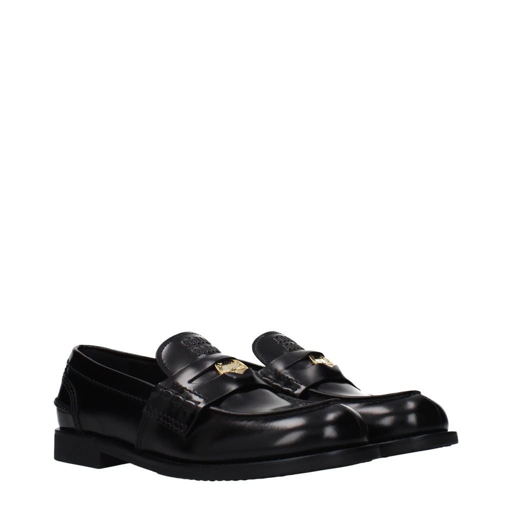 Miu Miu Black Leather Slip-On Loafers - Zeiniez