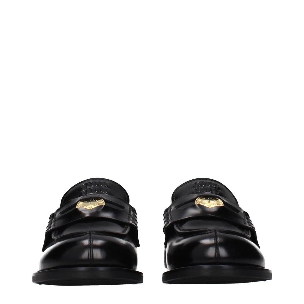 Miu Miu Black Leather Slip-On Loafers - Zeiniez