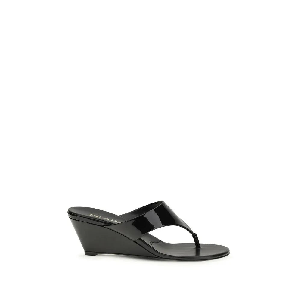 Prada Black Calf Leather Bos Taurus Wedge Sandals - Zeiniez