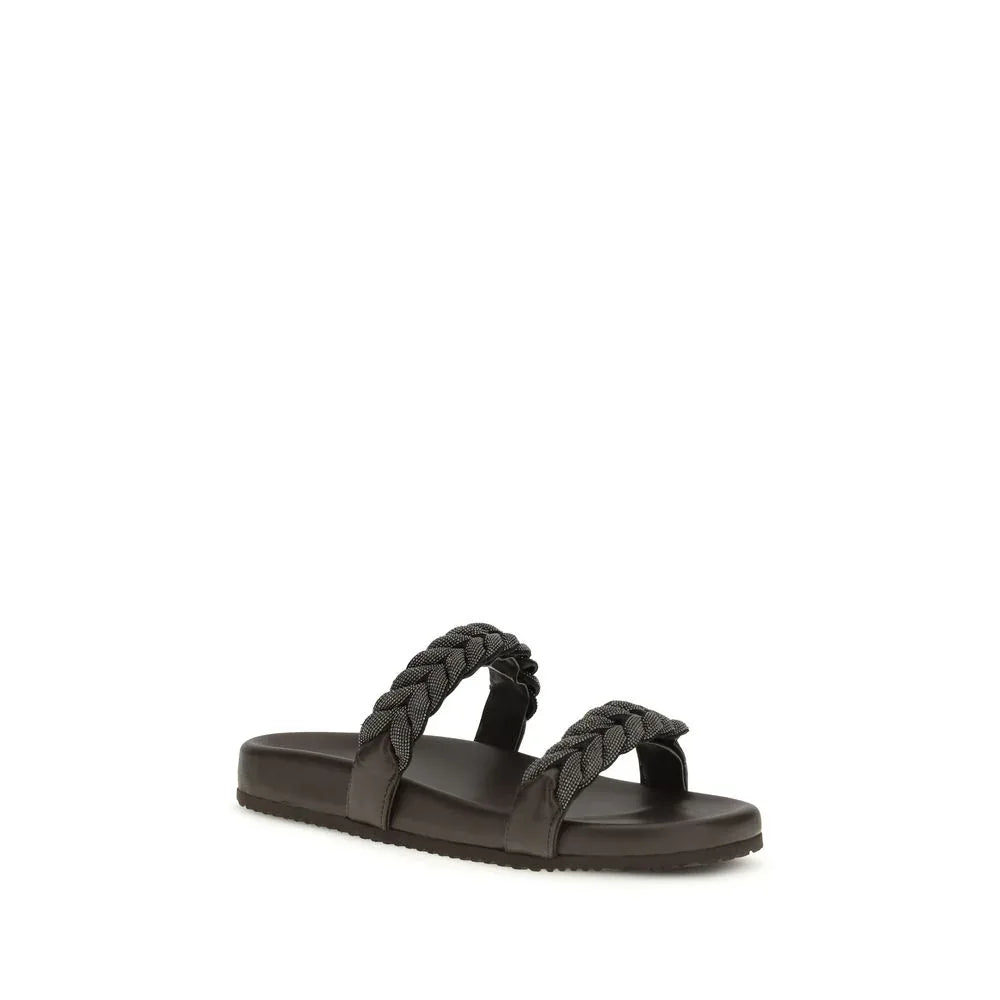 Brunello Cucinelli Brown Calf Leather Bos Taurus Flat Sandals