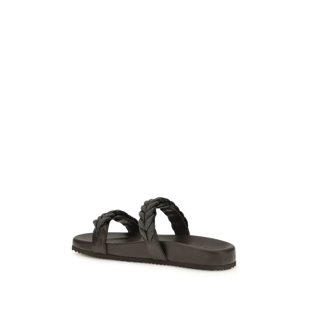 Brunello Cucinelli Brown Calf Leather Bos Taurus Flat Sandals