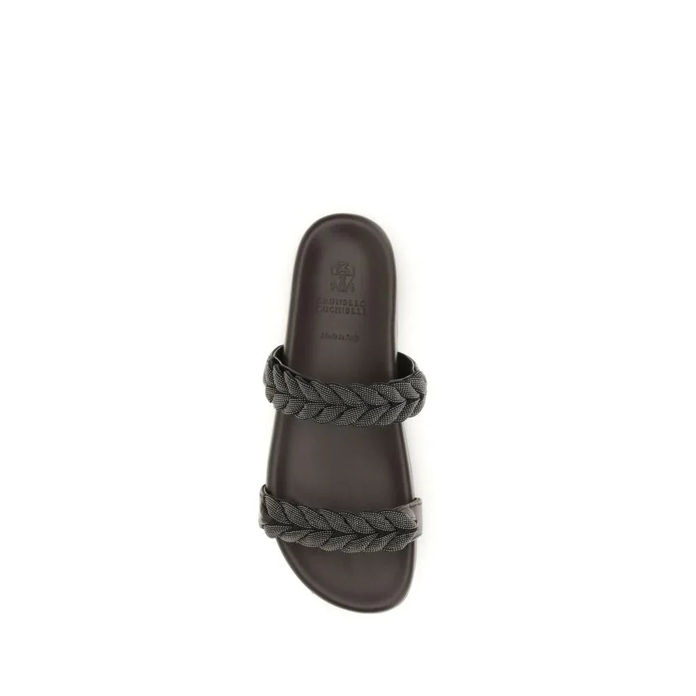 Brunello Cucinelli Brown Calf Leather Bos Taurus Flat Sandals