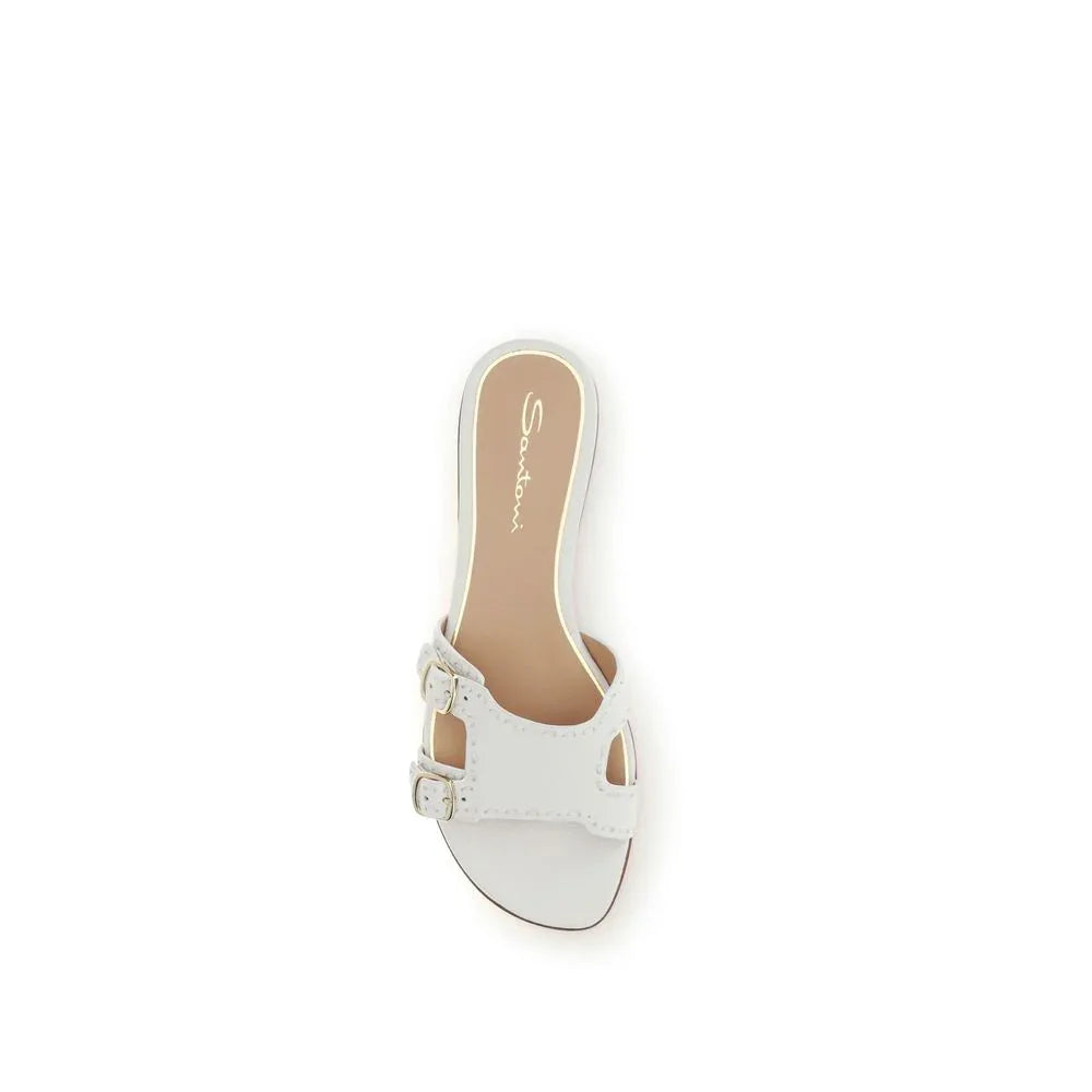 Santoni White Calf Leather Bos Taurus Flat Sandals