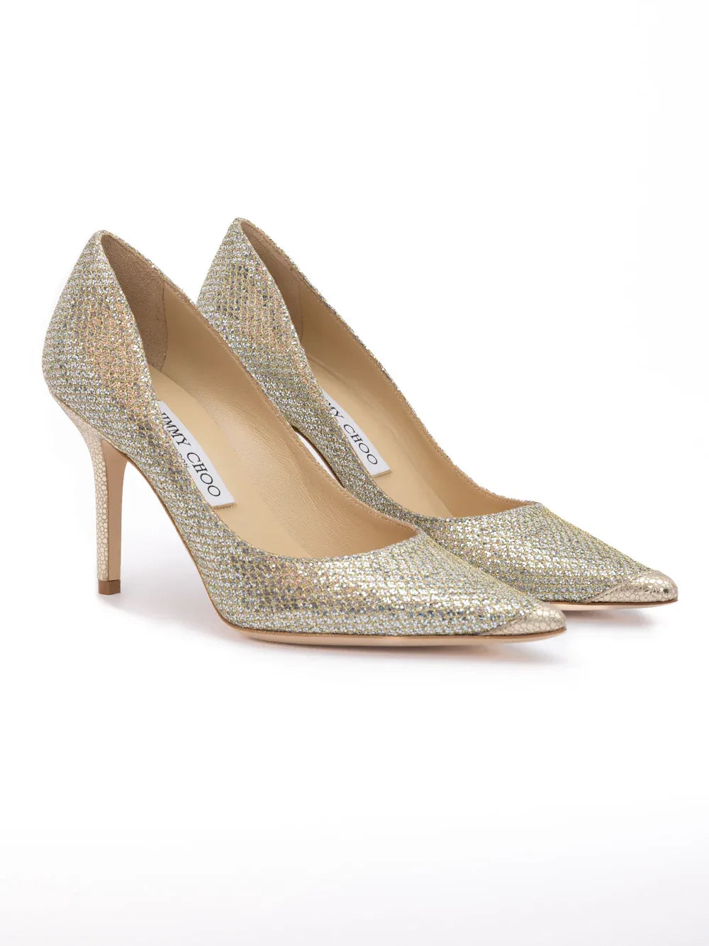 Jimmy Choo Gold Glitter Fabric Agnes Pumps