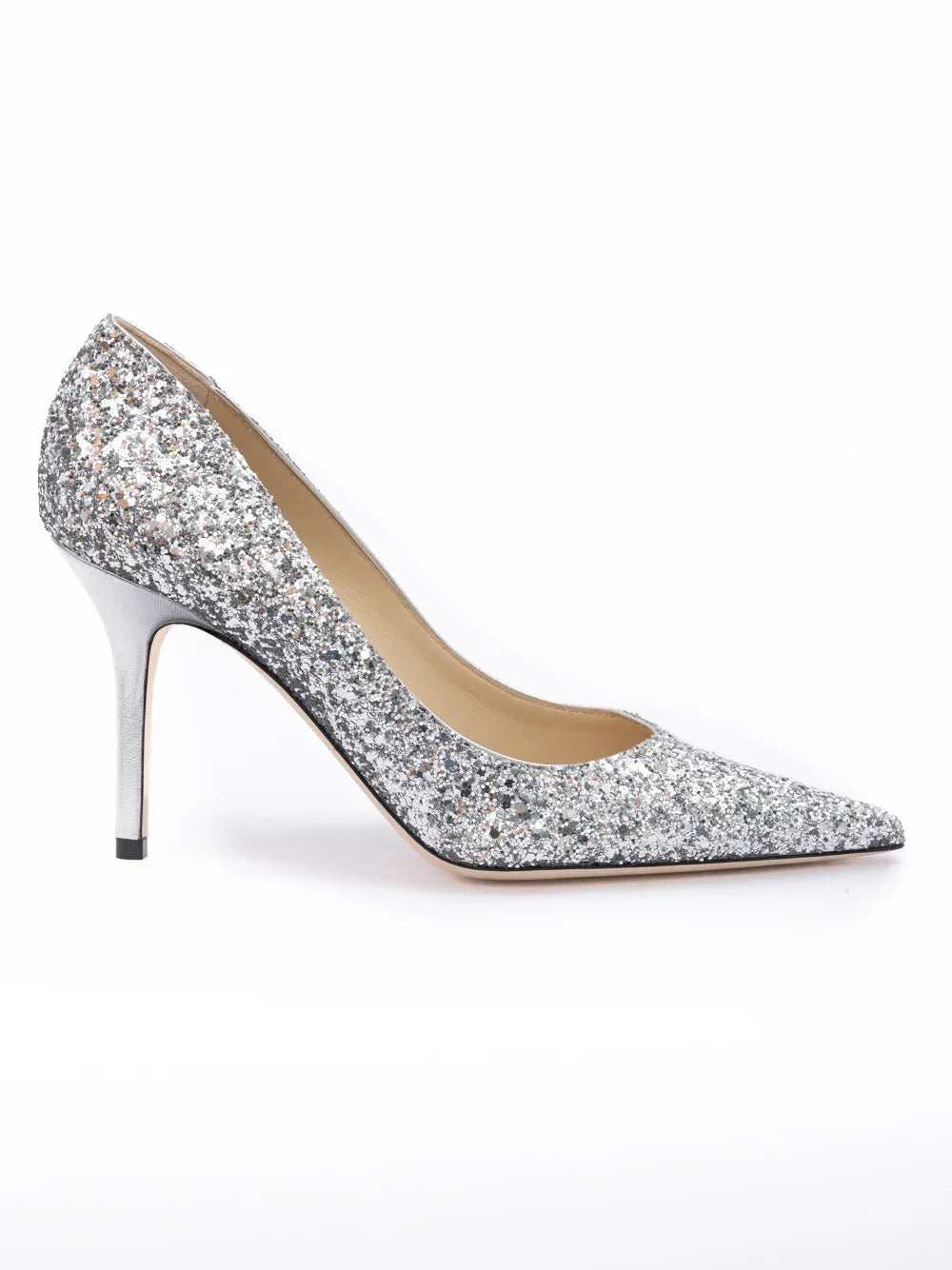 Jimmy Choo Silver Coarse Glitter Fabric Agnes Pumps