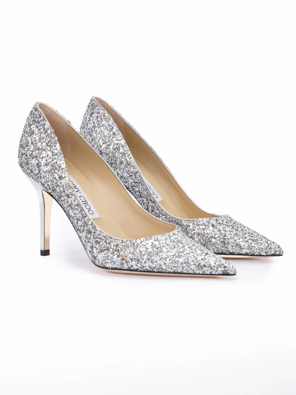 Jimmy Choo Silver Coarse Glitter Fabric Agnes Pumps