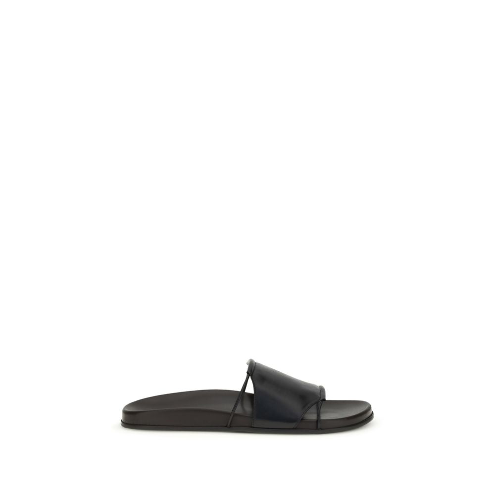The Row Black Calf Leather Bos Taurus Flat Sandals