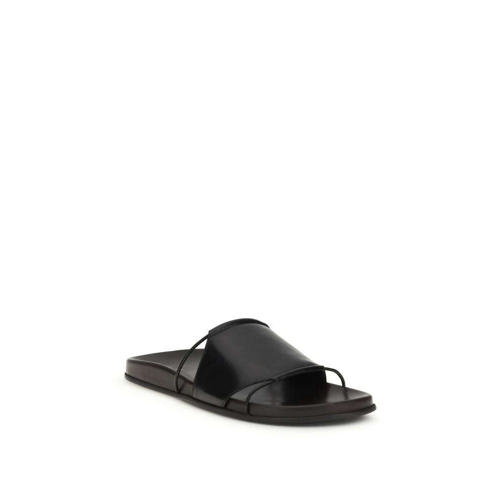 The Row Black Calf Leather Bos Taurus Flat Sandals