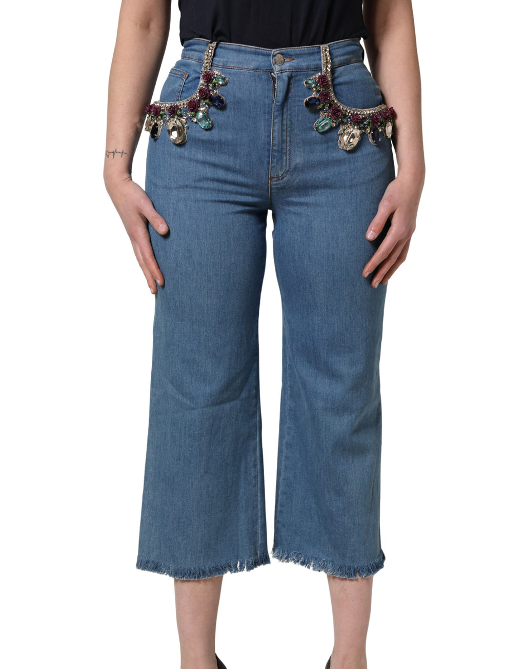 Dolce & Gabbana Blue Embellished Denim Wide-Leg Crop Jeans