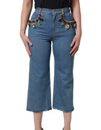 Dolce & Gabbana Blue Embellished Denim Wide-Leg Crop Jeans