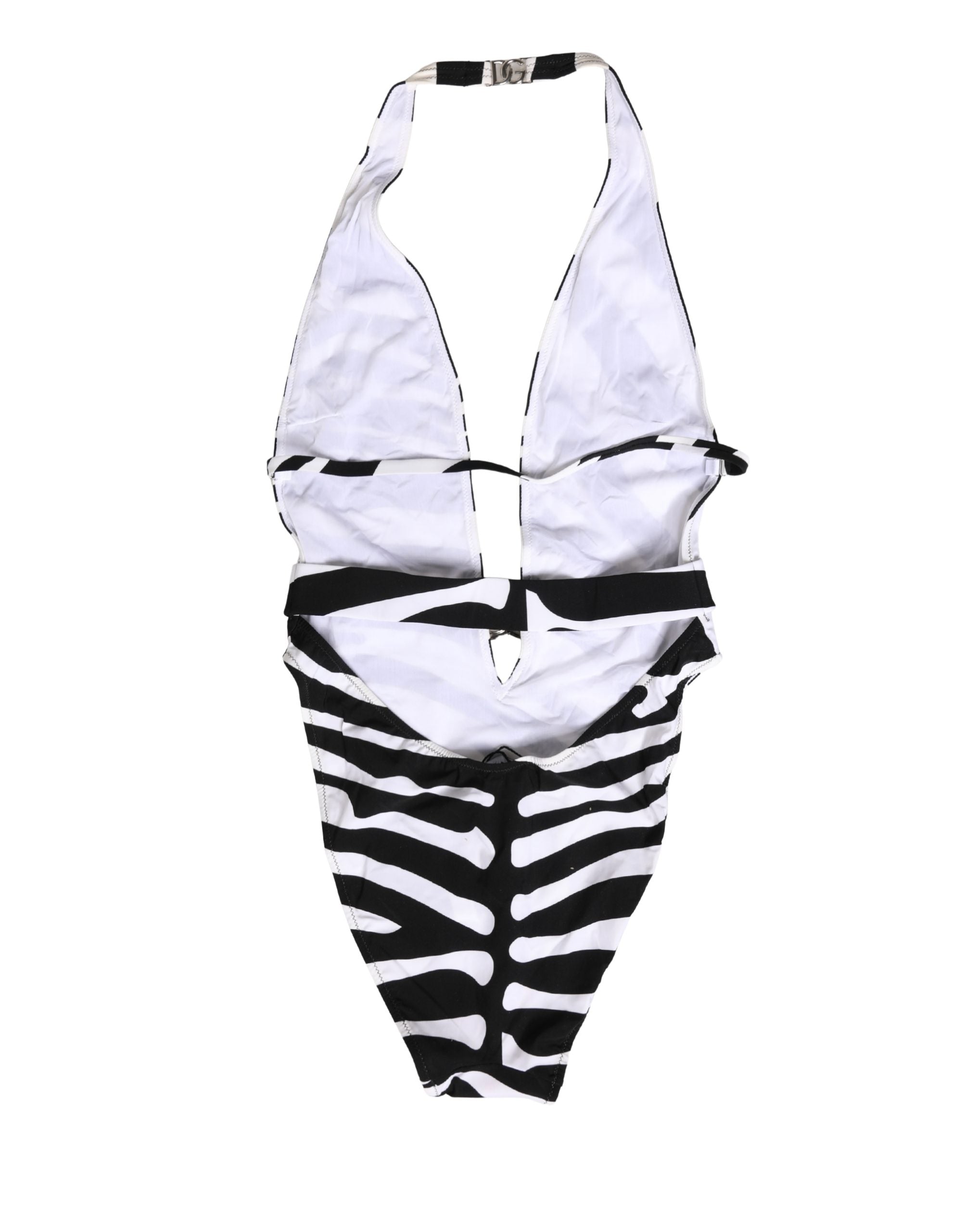 Dolce & Gabbana Black White Zebra Deep V-Neck One Piece Swimwear