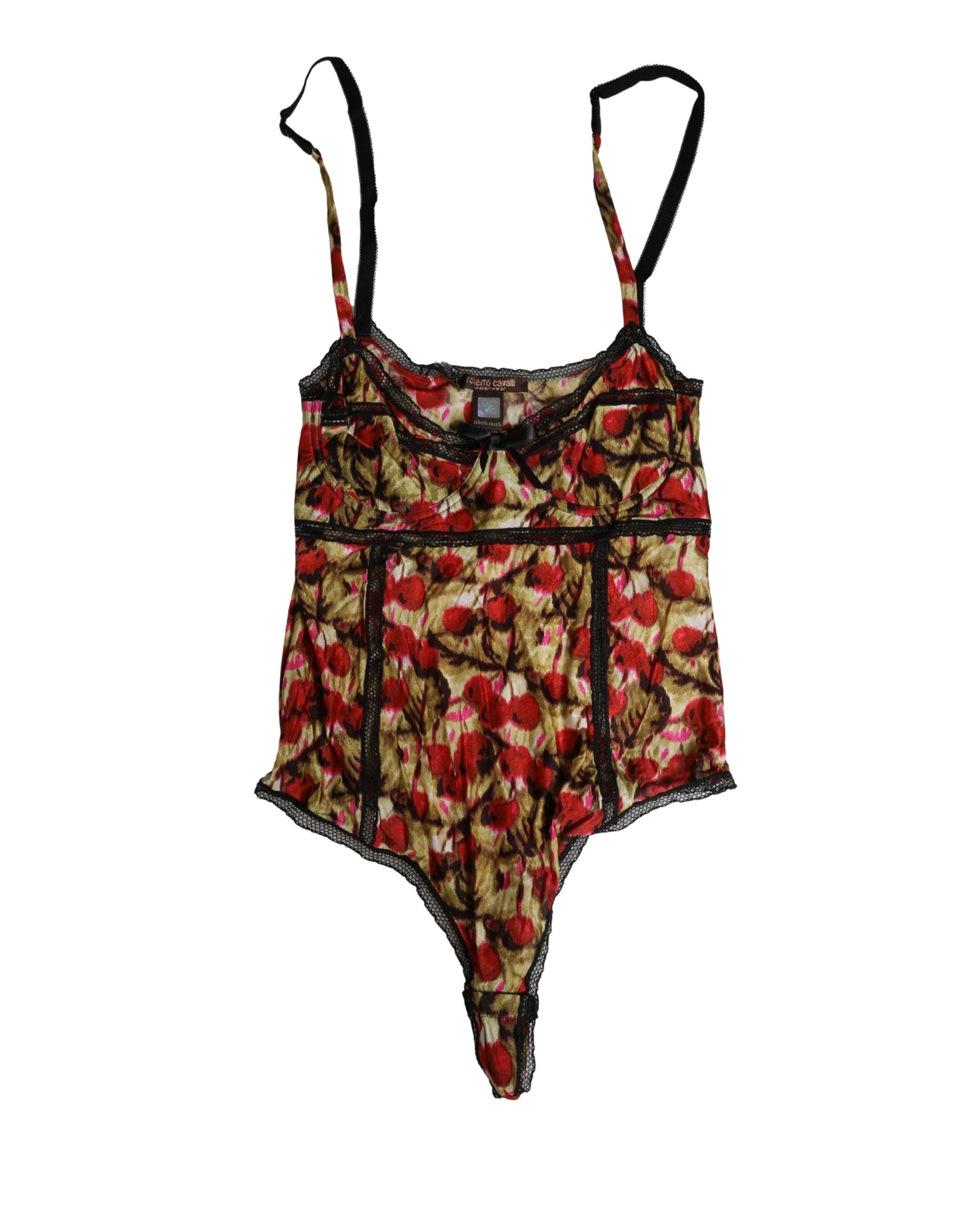 Roberto Cavalli Multicolor CherryPrint Lace Bodysuit Underwear