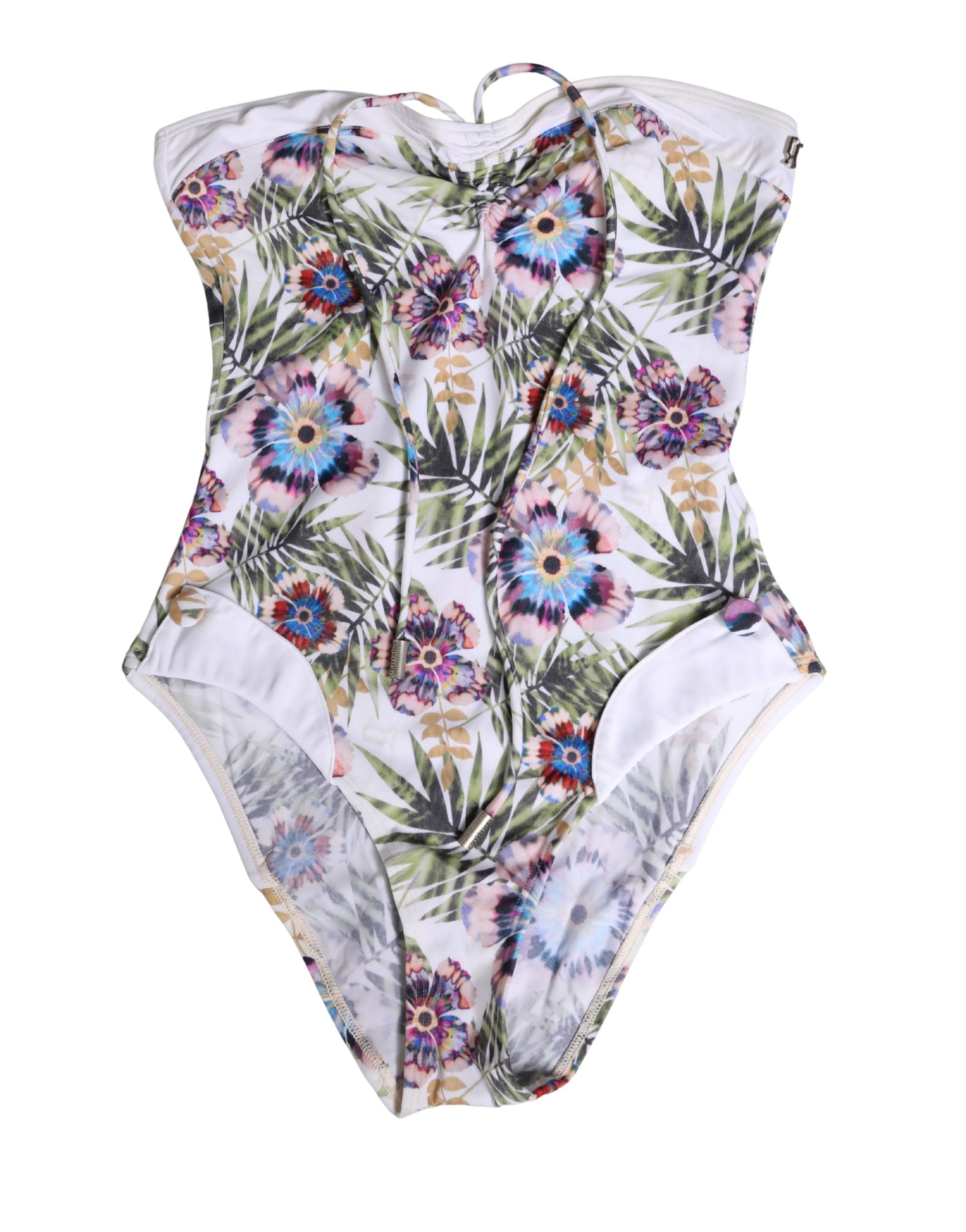 John Galliano White Floral Print Strapless One-Piece Swimsuit Swimwear