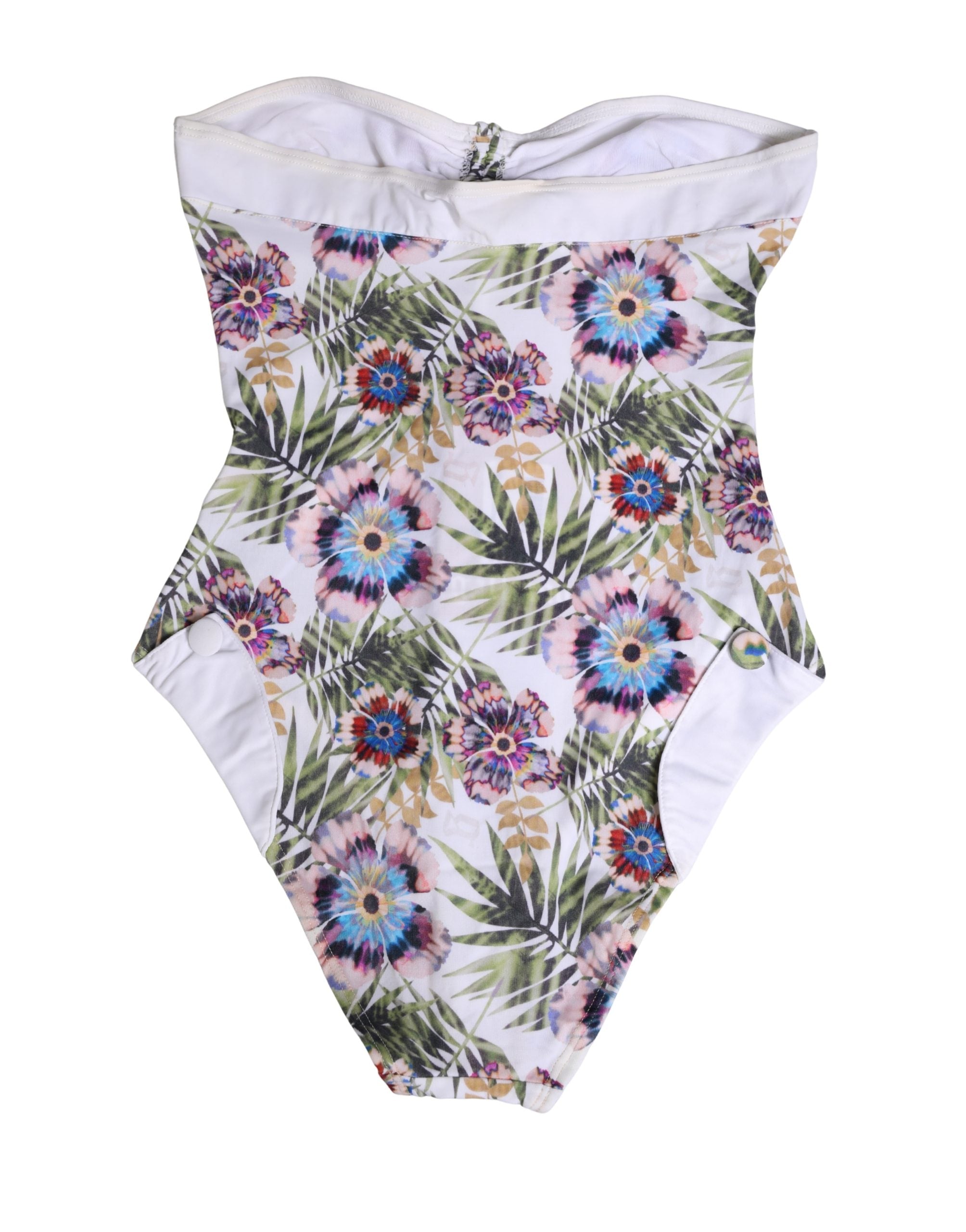 John Galliano White Floral Print Strapless One-Piece Swimsuit Swimwear
