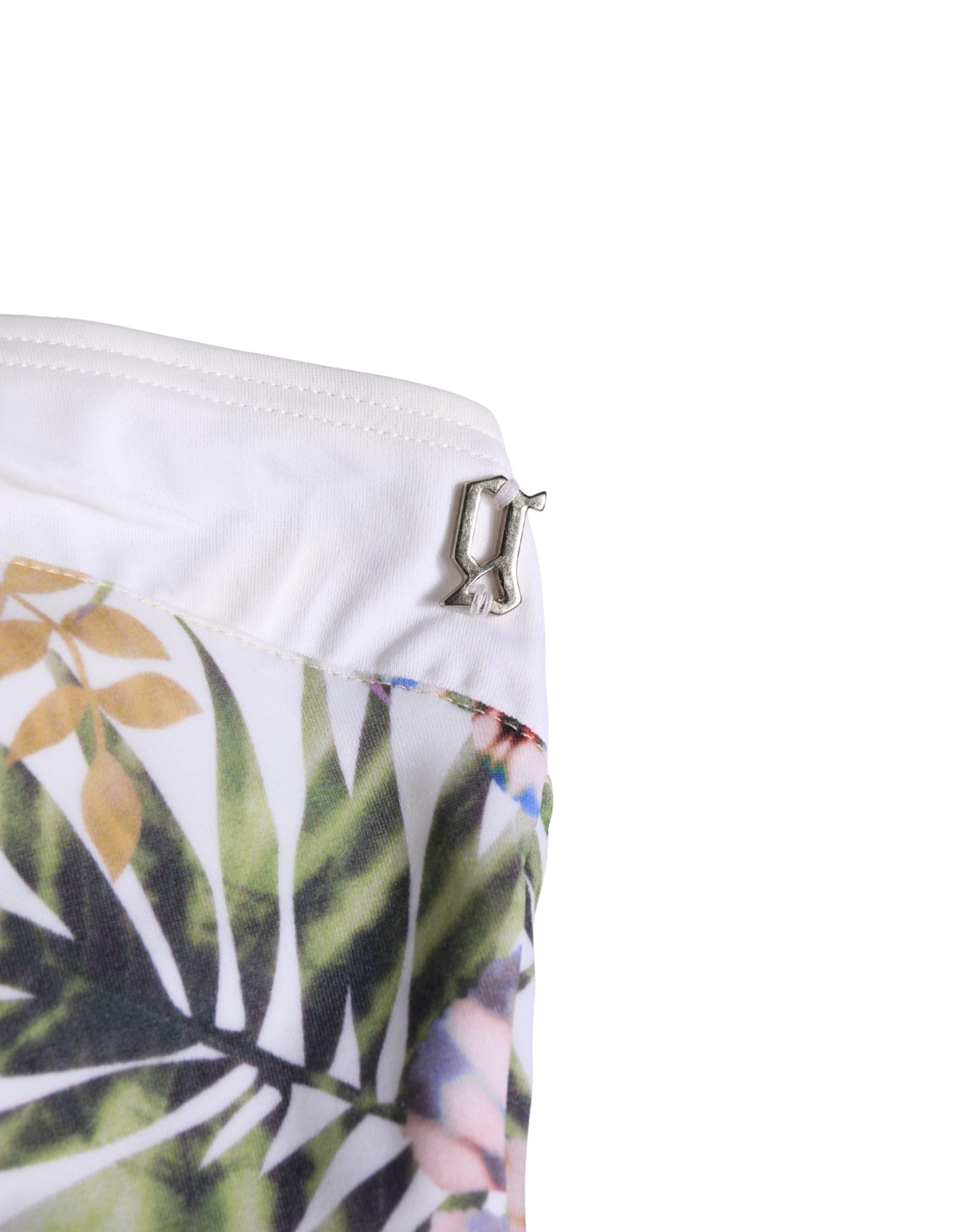 John Galliano White Floral Print Strapless One-Piece Swimsuit Swimwear