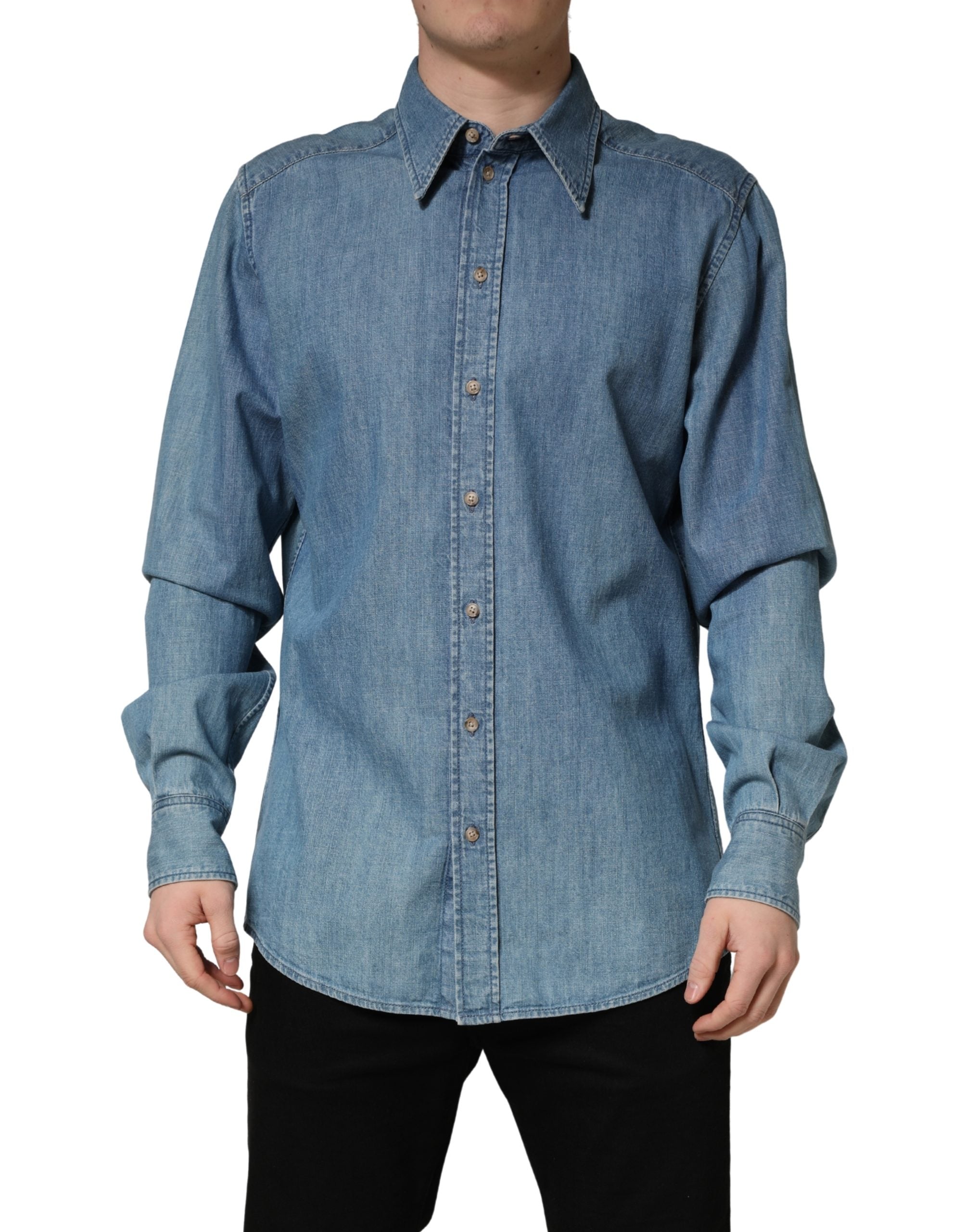 Dolce & Gabbana Blue Cotton Stretch Casual Denim Slim Shirt