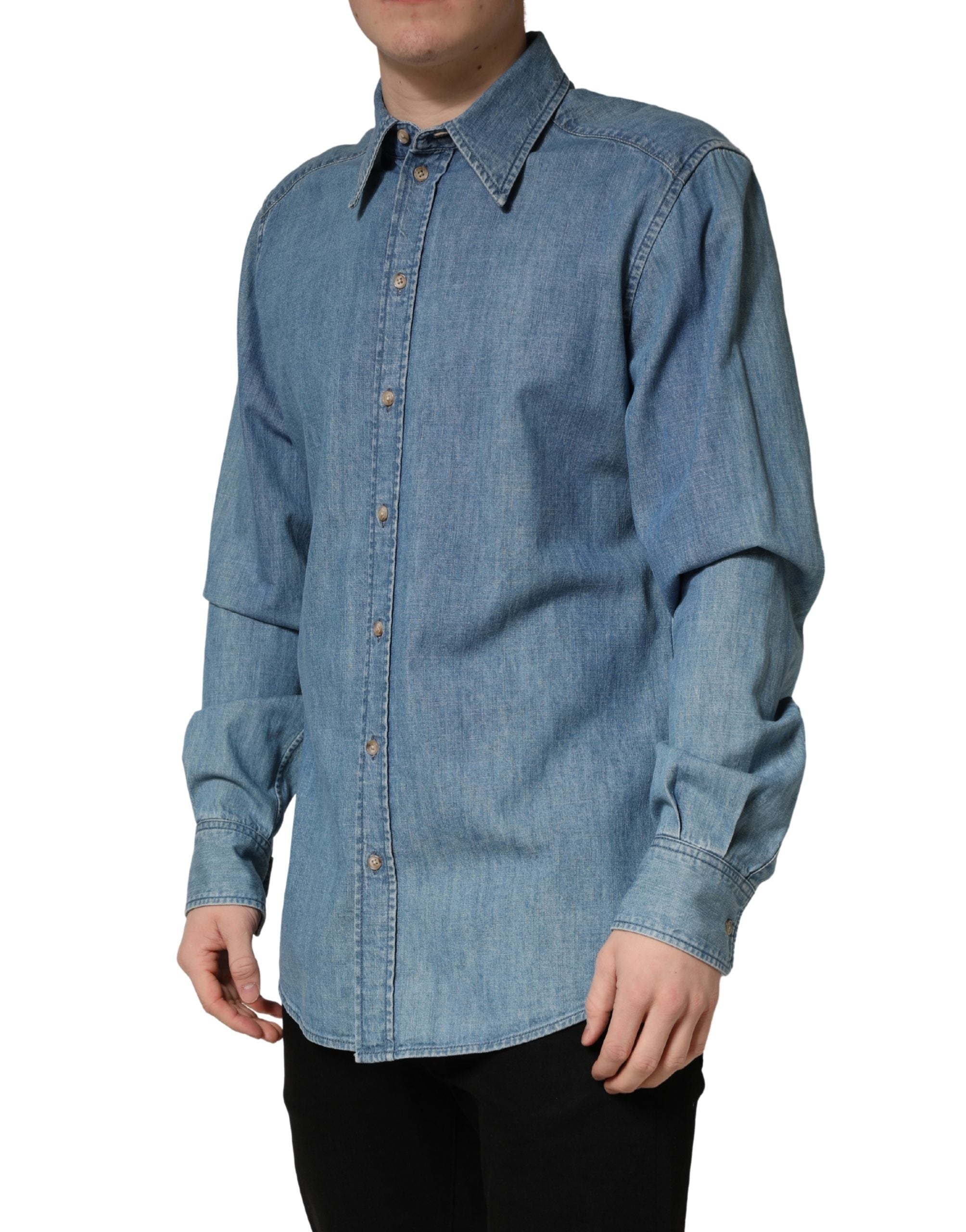 Dolce & Gabbana Blue Cotton Stretch Casual Denim Slim Shirt