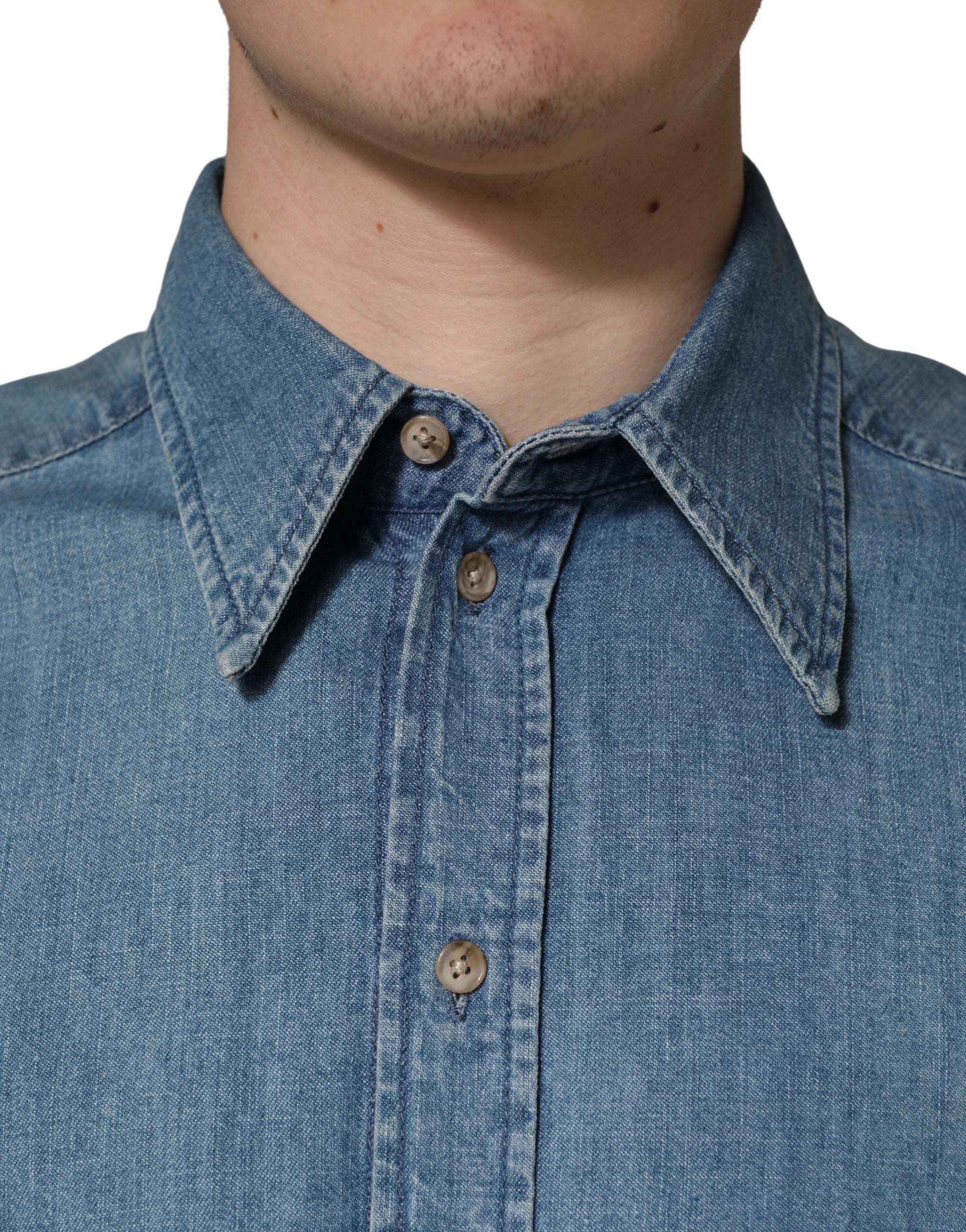 Dolce & Gabbana Blue Cotton Stretch Casual Denim Slim Shirt