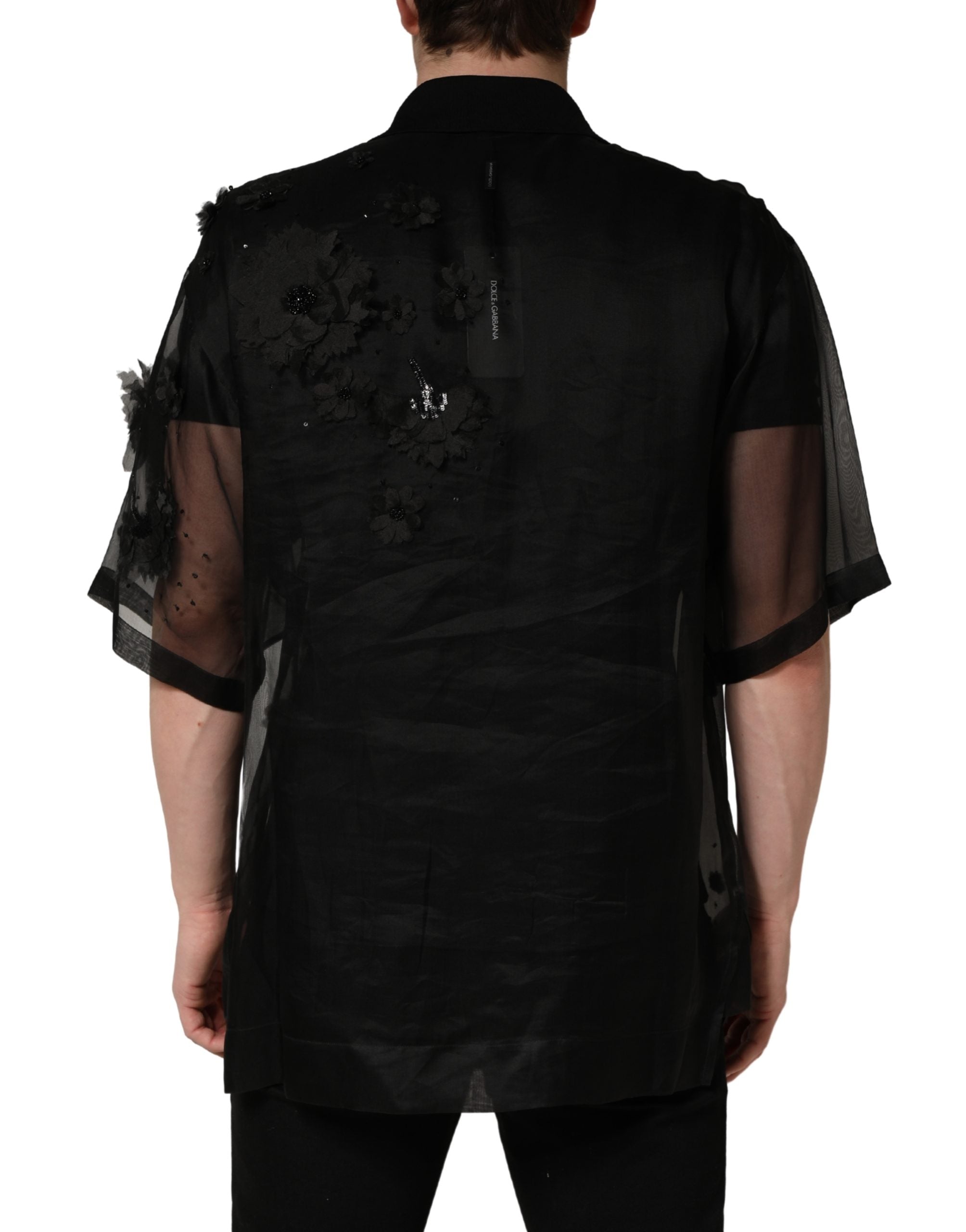 Dolce & Gabbana Black Floral Applique Sheer Short Sleeve Shirt