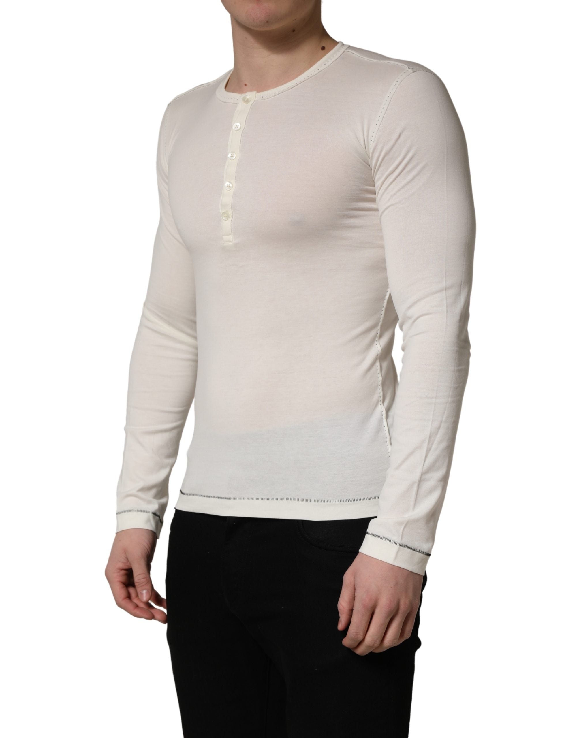 Dolce & Gabbana White Long Sleeves Henley Pullover Sweater
