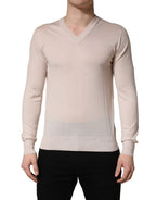 Dolce & Gabbana Beige Cashmere V-neck Men Pullover Sweater