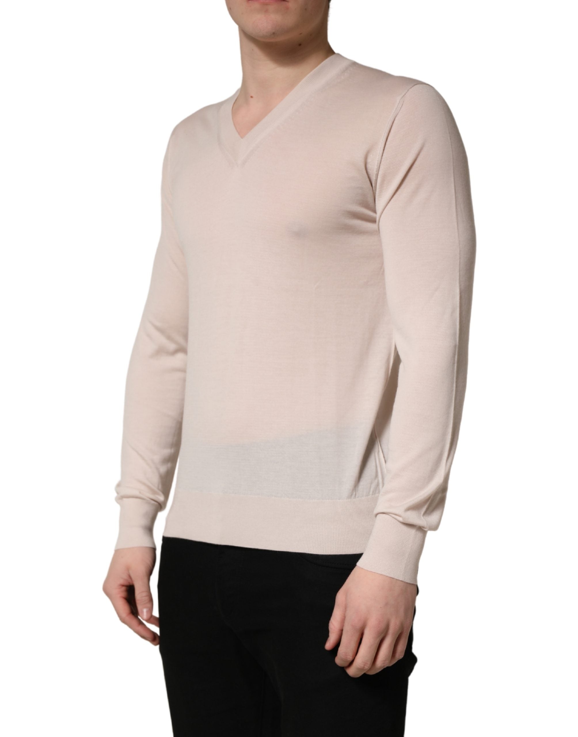 Dolce & Gabbana Beige Cashmere V-neck Men Pullover Sweater