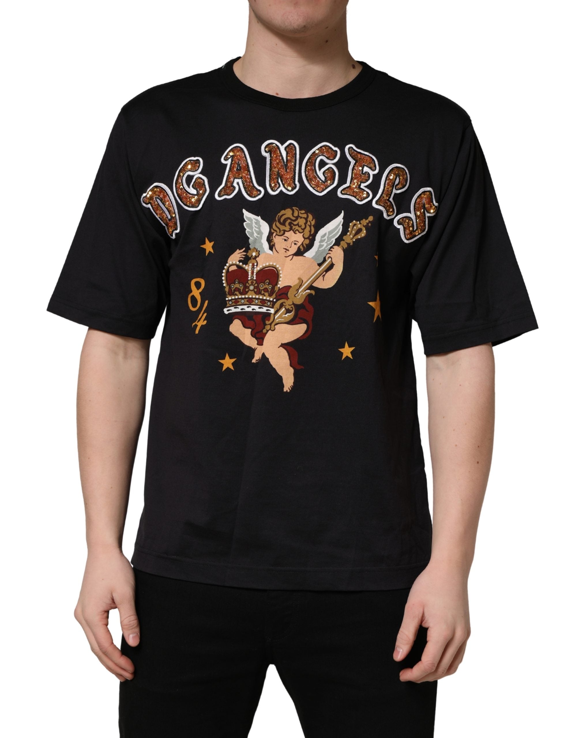 Dolce & Gabbana Black Angel Print Cotton Crew Neck T-shirt