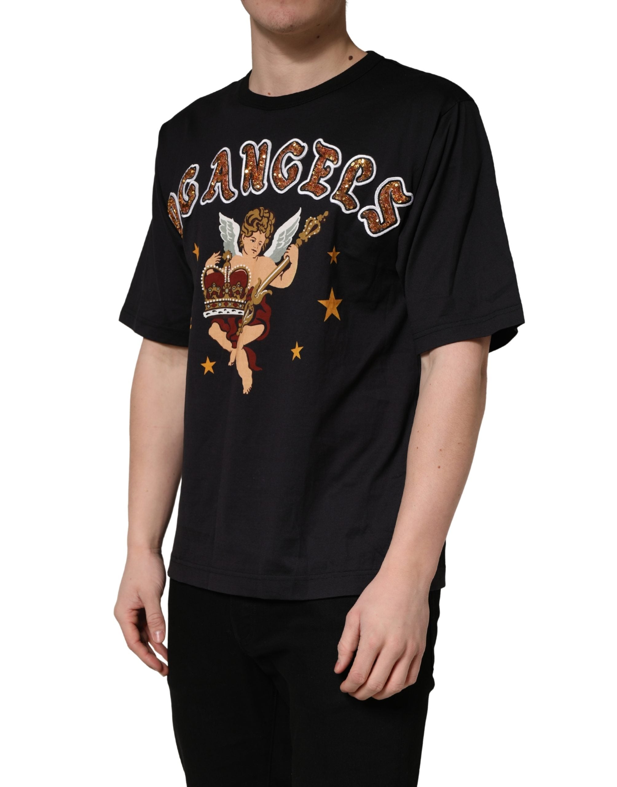 Dolce & Gabbana Black Angel Print Cotton Crew Neck T-shirt