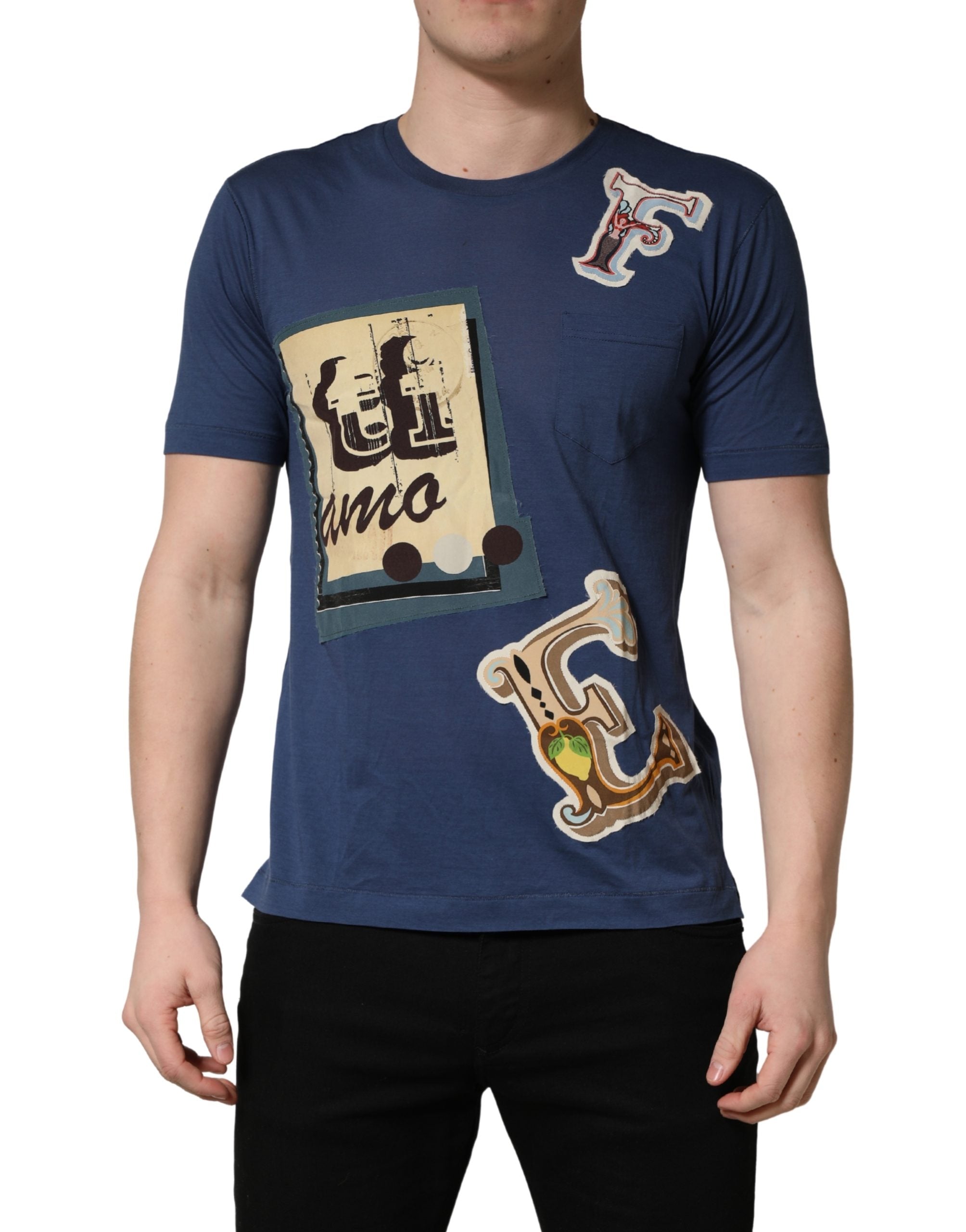 Dolce & Gabbana Navy Blue Cotton Graphic Crew Neck T-shirt