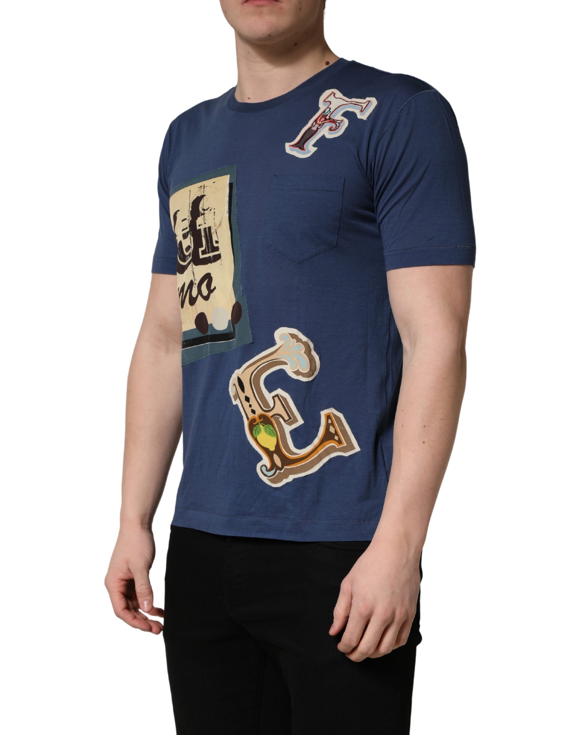 Dolce & Gabbana Navy Blue Cotton Graphic Crew Neck T-shirt
